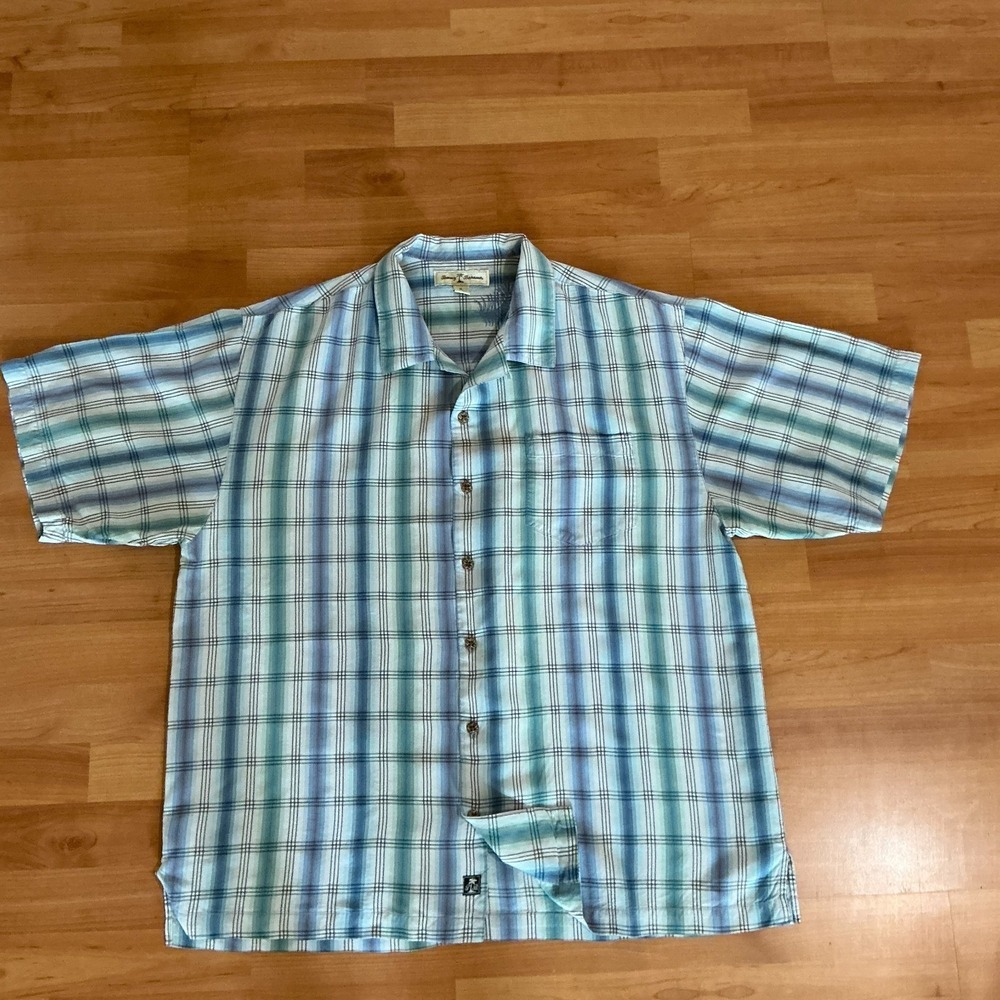 Tommy Bahama Mens XL Blue White Plaid 100% Silk Short Sleeve Button Shirt